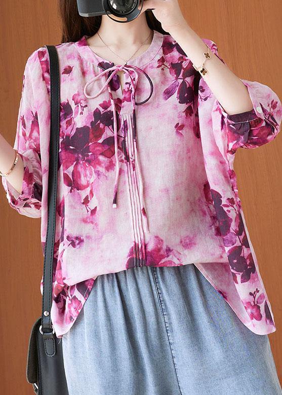 Fashion Pink Print Short Sleeve Summer Cotton Shirt Top