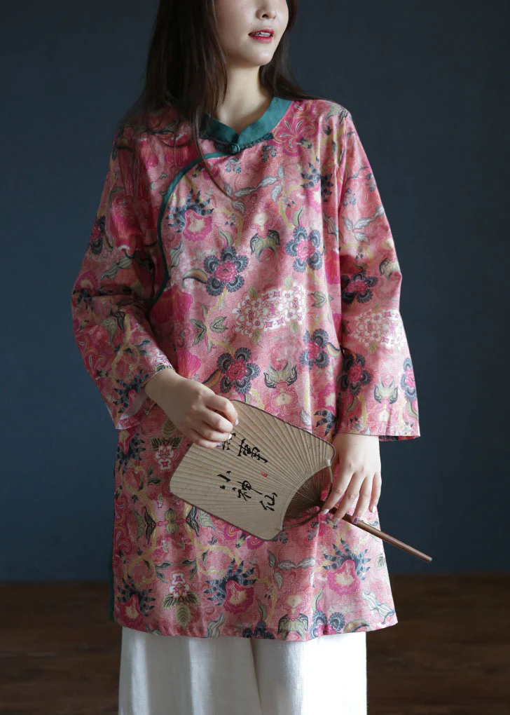 Vintage Pink button Stand Collar side open print Linen Tops Long Sleeve
